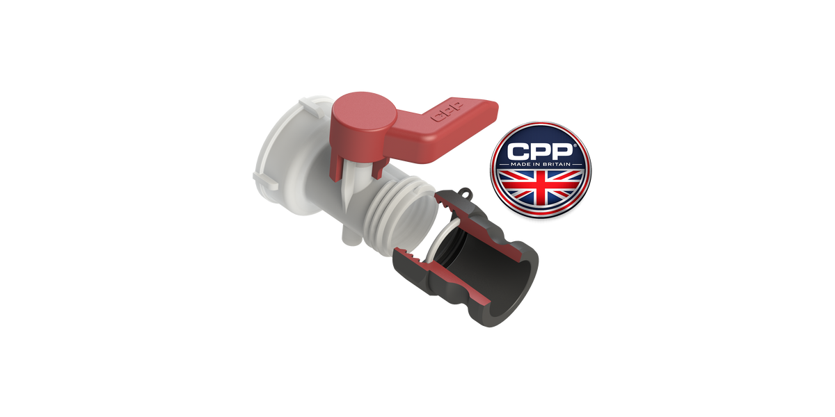 CPP S60X6 IBC adaptor fitted to a Schütz valve outlet