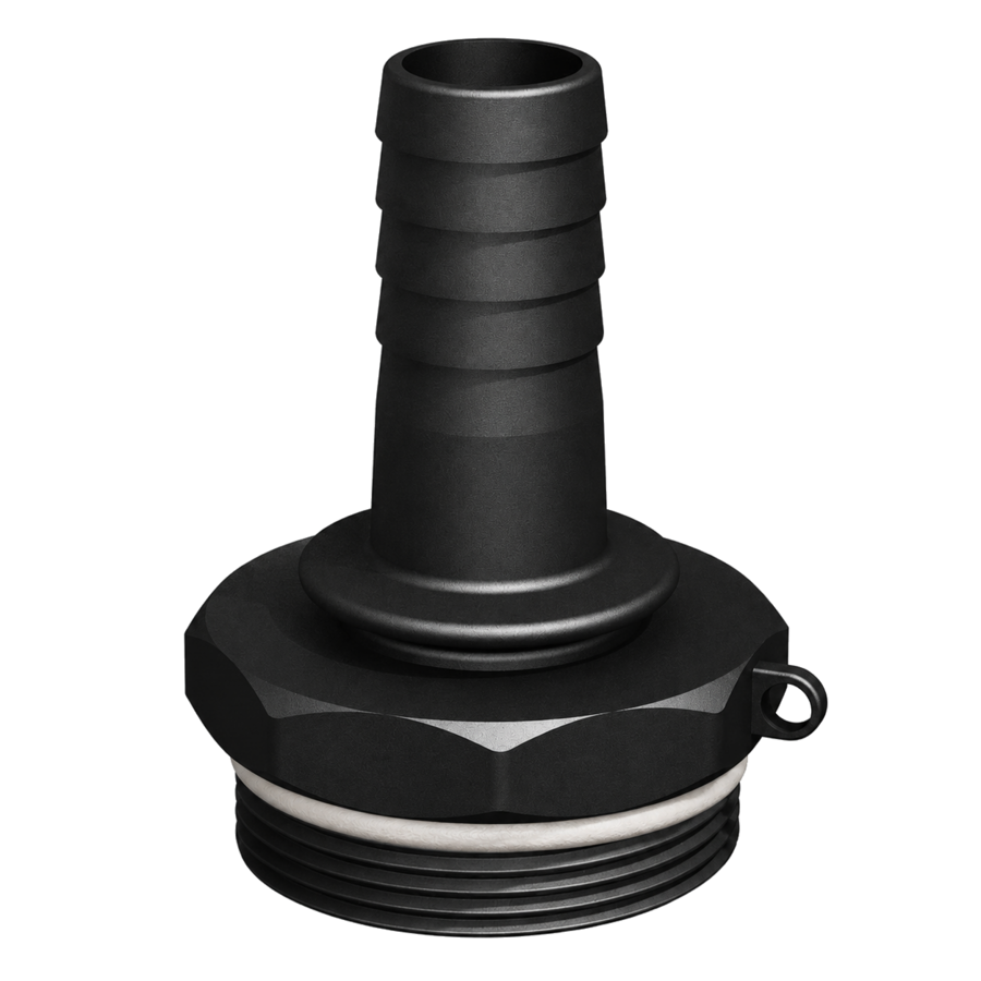 CPP® BCS G2 × 11.5 (2″ BSP/NPS) Drum Thread × 1″ Hose Tail in black glass-filled polypropylene – product view 1