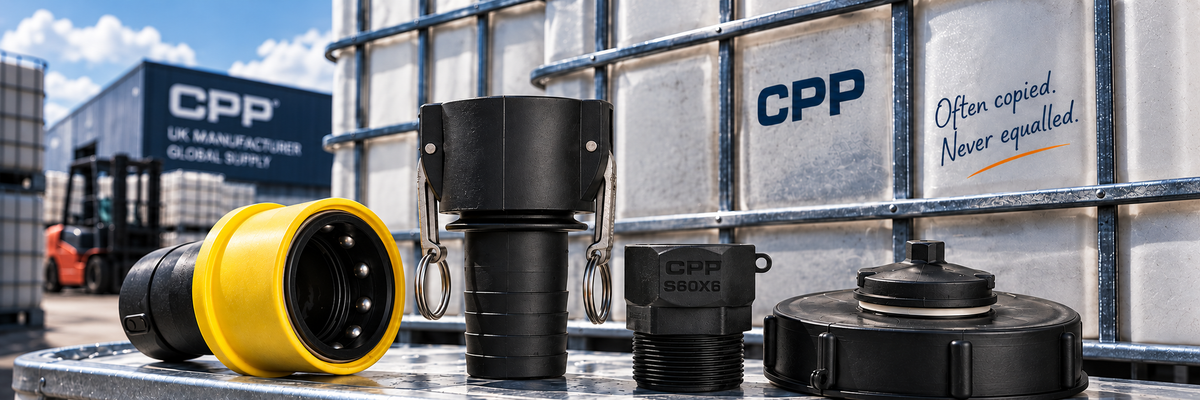 CPP polymer fluid transfer fittings displayed in an industrial IBC setting