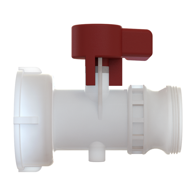 Side view of an IBC valve with an exposed 2 inch male Camlock outlet and locking groove