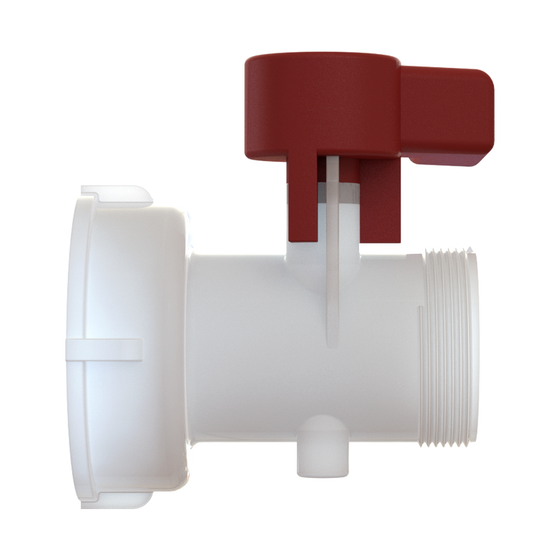 Side view of an IBC valve with an exposed 2 inch NPS male threaded outlet