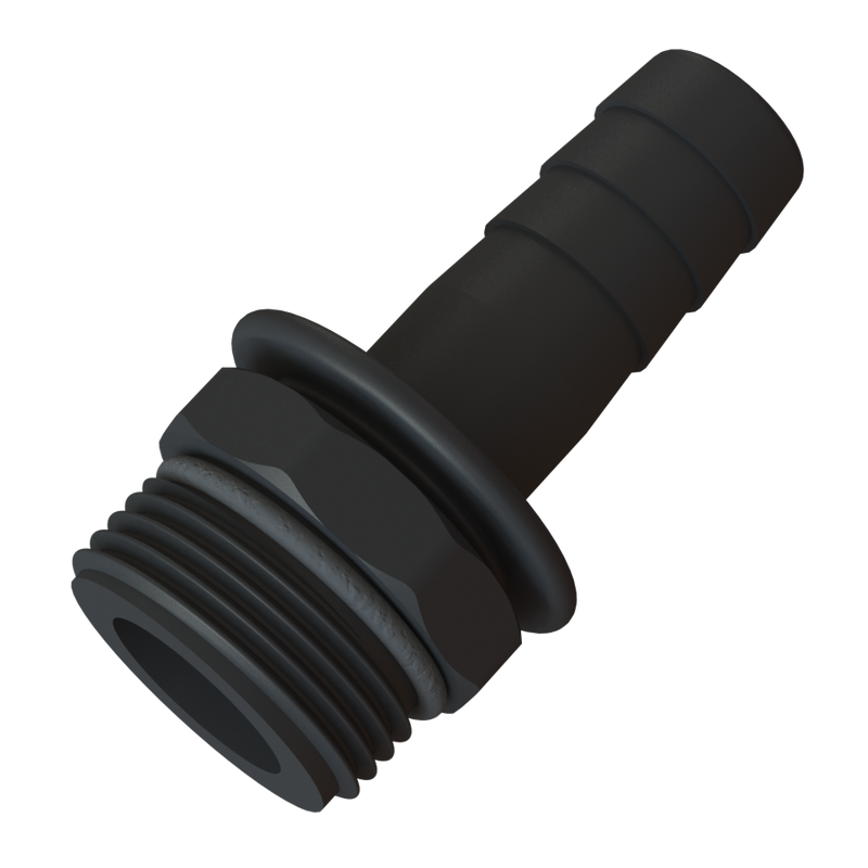 1″ BSPP Short Male / O-Ring × ¾″ (19 mm) Hose Tail - GF Polypropylene - CPP®